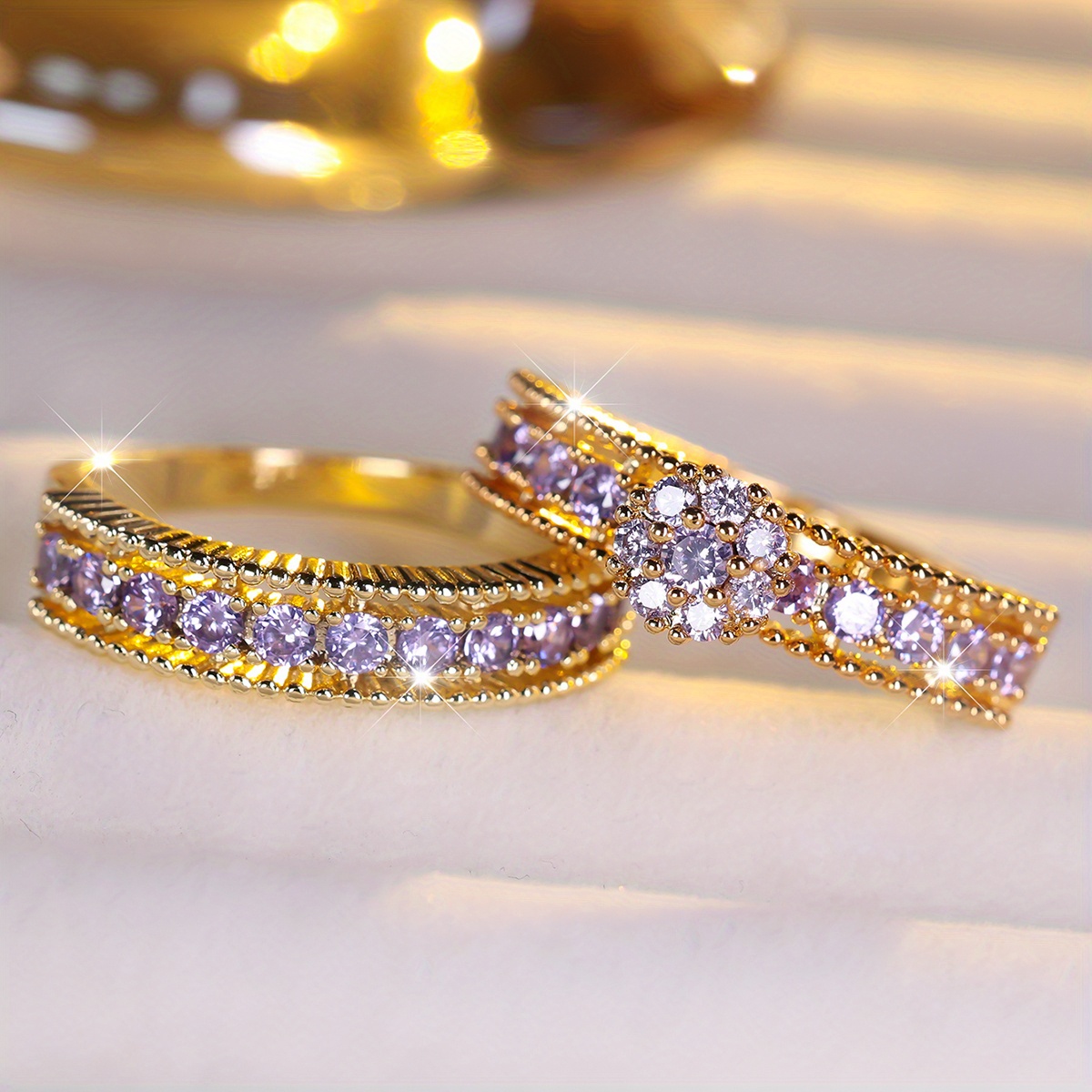 Set of 2 Luxury Golden Stackable Rings with Purple Stones